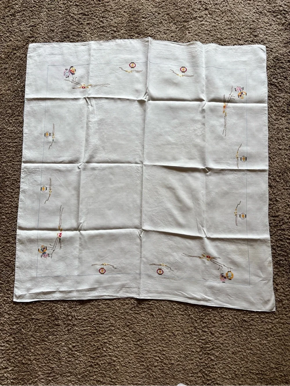 Embroidered White/Off-White Linen Tablecloth with Napkins